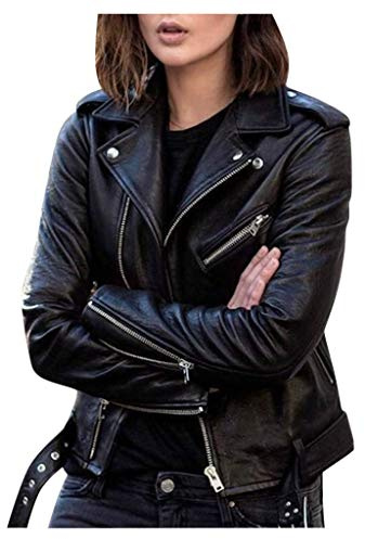 Onsoyours Cuir Femme Grande Taille 2020 Automne Hiver Populaire Courte Veste de Moto avec Ceinture Manche Longue Slim Simili Cuir Vintage Mode Chic Aviateur Manteau Bombers Zippé Jacket B Noir 3XL