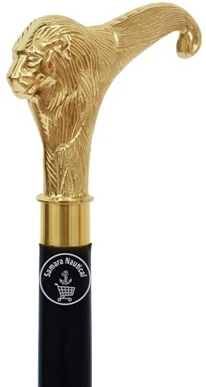 Samara Nautical Gehstock aus massivem Messing, Löwenkopfgriff, Vintage-Design, handgefertigt, Schwarz-Gold, ca. 91,4 cm