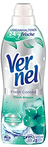 Vernel Fresh Control Fresh Breeze Weichspüler (1x32 Waschladungen), Wäscheduft für 24/7 langanhaltende Frische mit Geruchs-Neutralisierungs-Technologie, recycelbare Flasche