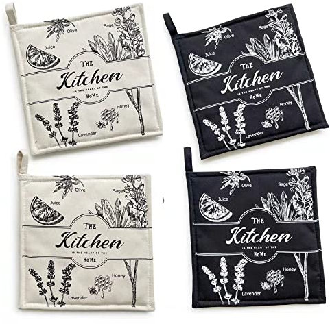 ZORR Set di 4 presine da Cucina per Cottura Cucina con motivo di piante profumate, Colore sabbia+ Nero