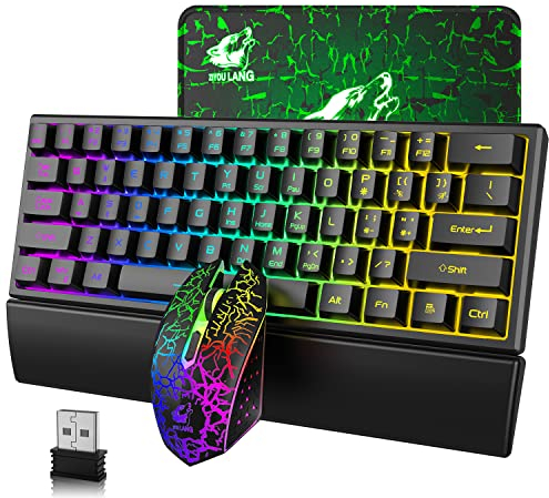60% 2,4G Stabil 61 Tasten Drahtlose Tastatur Maus Combo RGB Wiederaufladbare Ergonomie Gaming-Tastatur+7 Regenbogenlicht 2400DPI 6 Tasten Optische Regenbogen-LED-Gaming-Maus + Mauspads+Medienschlüssel