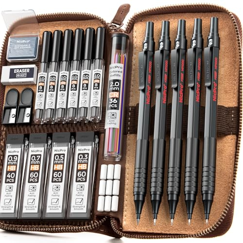 Nicpro 20 Stücke Schwarzes Metall Druckbleistift Set in Lederetui, 9 Dosen Bleistifte 0,3, 0,5, 0,7, 0,9 und 2 mm (4B 2B HB 2H) Bleistiftminen, Fallminenstift für Kunst, Skizzieren, Zeichnen