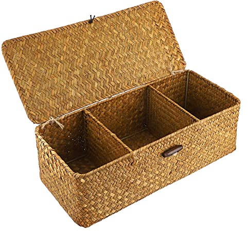 OLegei Panier de rangement en osier panier d’étagère à 3 compartiments corbeille tressé avec couvercle boîte de rangement pour bureau, étagère, table à manger (caramel)