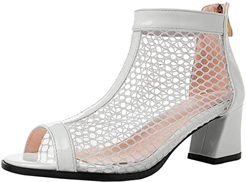 CUTEHEELS Bottines d'été en maille cool pour femme avec bout ouvert et talons blocs et fermetures éclair à l'arrière