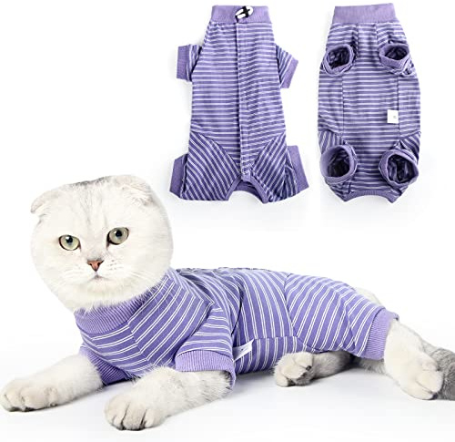 HEYWEAN Combinaison de convalescence pour chat - Body après chirurgie - Rayures à manches longues - Combinaison pour chat - Soins médicaux - Col conique - Alternative aux chemises chirurgicales pour