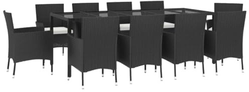 vidaXL Garten Essgruppe 11-TLG., Gartenmöbel Set mit Kissen, Gartengarnitur Tisch 10 Stühle, Sitzgruppe Gartenset, Schwarz Poly Rattan