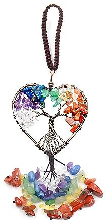 JNNJ Colgante Para El Interior Del Coche, 7 Chakras Piedras Adornos De Meditación Decoración Espejo del Coche, Decoración Cristal Árbol De La Vida Accesorios Para Colgar En El Coche(Corazón)