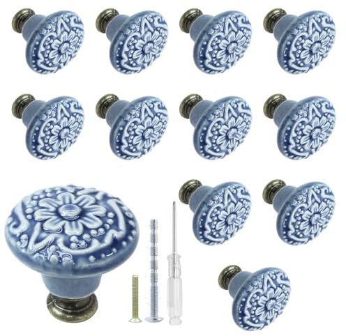 Biaungdo 12 Pcs Light Blue Vintage Round Ceramic Cabinet Knobs and Pulls for Drawer, Cupboard, Closet Door