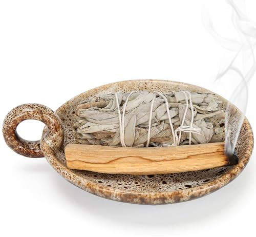 BEYLAB sage burner palo santo cones holder Ceramic Incense Holder, Bundle Smudge pot Bowl, Smudging Plate for White Sage, Palo Santo Sticks, Candles For Offering - Yellow brown