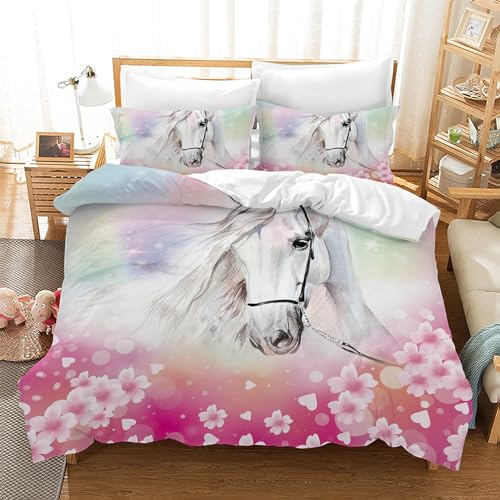Leleyouzer Copripiumino Cavallo 135×200cm,Set Letto per Bambini,Copripiumino in Microfibra con Zip e 2 Federe 50x75cm(Hourse 4)