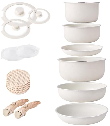 RIOVARM Induzione Set di pentole e padelle con manici staccabili, Impilabile Antiaderente In granito Set di pentole con coperchi, Salvaspazio Set di utensili da cucina Senza PFOA, Padella, Casseruole