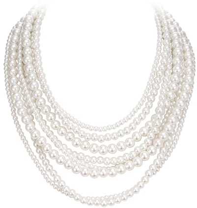 Clearine Vintage 1920s Multilayer Strand Chain Ivory Simulated Pearls Flapper Beads Cluster Long Choker Necklace Costume Jewellery for Halloween Prom Party