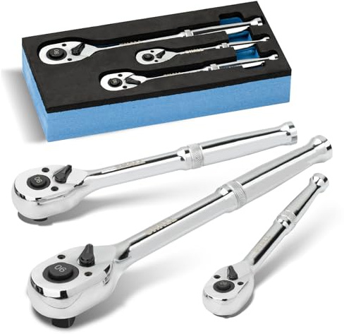 Shall 3 Stück Umschaltknarre | 1/4, 3/8, 1/2 90-Zahn Ratsche mit Schnellspanner | Chrom-Vanadium-Stahl für enge Bauräume & 4° Betätigungswin