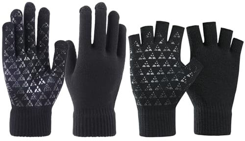JSTHHTT 2 Pares Guantes Invierno Hombre Mujer, Guantes Termicos Para el Clima Frío al Aire Libre, Guantes sin Dedos para Mujer, Guantes Tactiles Movil Smartphone para Antideslizantes Conducir Running