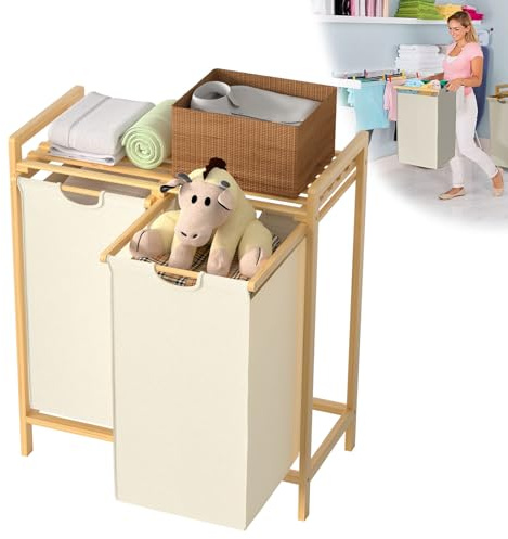 Froadp cesto para ropa sucia con marco de bambú, 2 compartimentos separados, bolsas de tela Oxford desmontables y lavables, ideal para ordenar la ropa en el hogar, 73x64x33,5cm, Beige