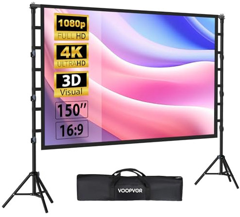 Schermo per proiettore da esterno con supporto da 150 pollici: VOOPVOR schermo di proiezione portatile e supporto, schermo cinematografico posteriore anteriore 16:9 4K HD, con borsa per il trasporto,