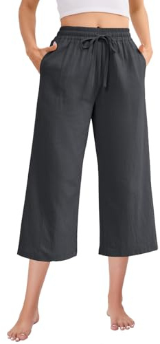 Fourindo Pantaloni in lino da donna a 3/4 con gamba larga, pantaloni estivi da donna, leggeri, a vita alta, con tasche, comodi pantaloni estivi, grigio scuro, L