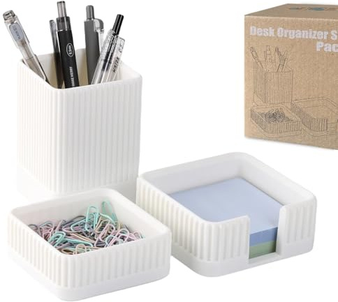 Aesthetic Desk Organizers and Accessories Set of 3 with Pen Holder,Paperclip Holder,Sticky Note Holder - Durable Plastic Pencil Holder for Office Women Men-Teacher Appreciation/Back-to-school Gift