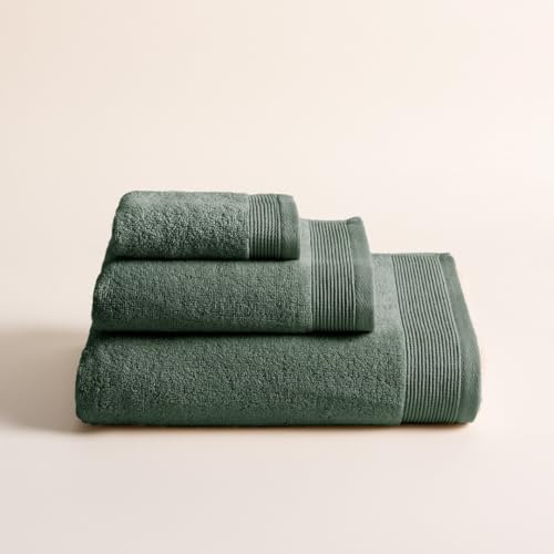 BOHEME Juego de 3 Toallas Harmony Verde Oscuro con Toalla de Baño Grande