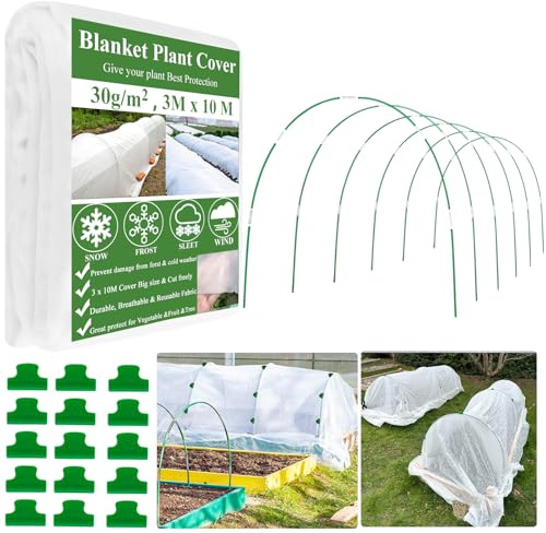 WYRJXYB Garden Fleece Frost Protection Garden Hoops Kit, 3x10M Horticultural Fleece 30gsm, Plant Fleece Frost Covers for Winter Outdoor Plant, Gardenhouse Garden Hoops for Raised Beds Frost Protection