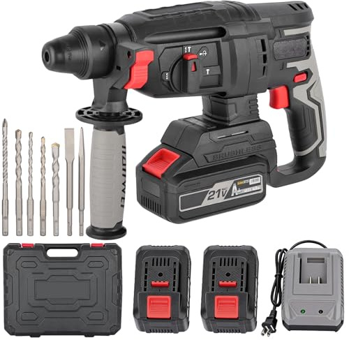 5 en 1 Martillo Perforador Inalámbrico a Batería x 2 4.0Ah 21V 2.0J 5 Modos con Función de Pulso Única 5 Brocas SDS-Plus y Maletín Ideal para Hormigón y Mampostería