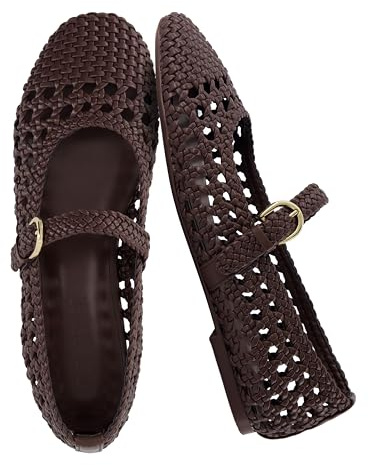 CUSHIONAIRE Windsor Woven Womens Flats with Adjustable Strap – Comfortable Mary Jane Ballet Flats for Women, Brown 8.5