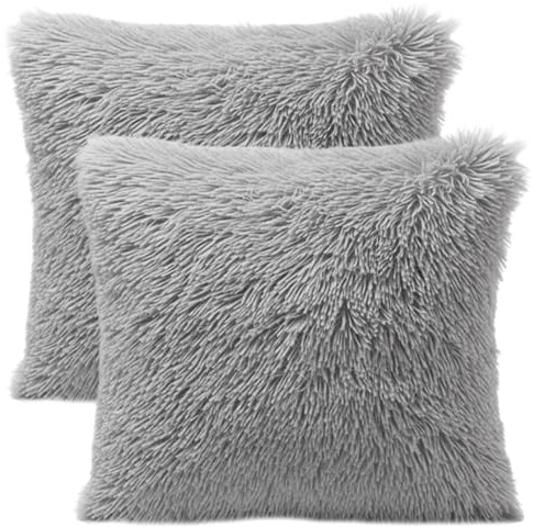 WORUIB 2 Pack Grey Cushion Covers, Fluffy Cushions, Faux Fur Cushion Covers, Soft and Cozy, 43x43cm, for Living Room, Bedroom, Sofa