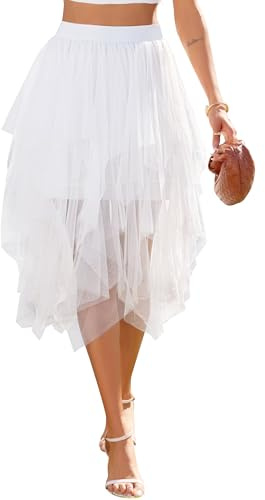 Lovasy Gonna Tulle Donna Irregolare Midi Gonne tutù a Rete Vita Alta Elastica Gonna Balletto Asimmetrica Multistrato Gonne a Pieghe Principessa per Halloween Natale Party Prom,A-Bianco,XXL/3XL