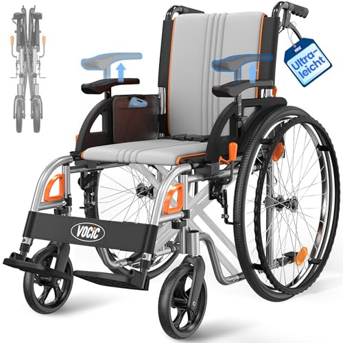 VOCIC U32 Silla de Ruedas Plegable Autopropulsable Ligera | Silla ruedas transporte 14.5KG hasta 136KG,ruedas 60CM antipinchazos,doble freno,reposabrazos ajustables (Gris)