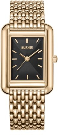 BURKER Damenuhr Olivia, Quadratische Damen Armbanduhr Gliederarmband Edelstahl Analog Quarz 3-ATM Wasserdicht - 29 mm - Gold Schwarz