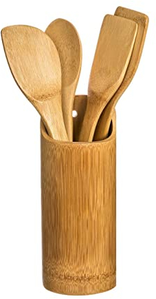 4 Ustensiles de Cuisines en Bambou - Cuillère, Spatule, Ecumoire, Cuillère à Trou avec 1 Pot