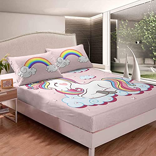 Loussiesd Kinder Spannbettlaken 90x200cm Mädchen Einhorn Rosa Karikatur Einhorn Regenbogen Wolken drucken Bettlaken Set für Jugendliche Frauen Süß Tiere Dekorativ Spannbetttuch Mikrofaser