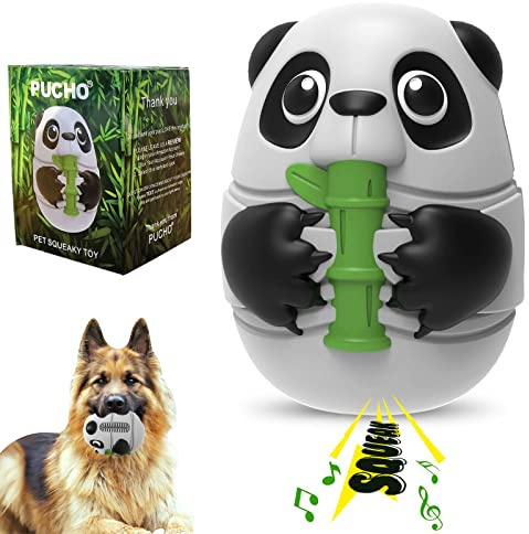 PuchoⓇ Durable Squeaky Rubber Dog Toy. Milk-Flavoured Toothbrush Ball for Mild & Friendly Chewers. Natural Rubber Chew Toy. Elegantly Gift-Boxed Cute Panda for Any Occasion. Medium to Large Dogs.