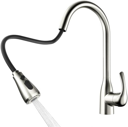 Rainsworth Wasserhahn für Küche Ausziehbar - 3 Modus Küchenarmatur, Spültischarmatur 360° Schwenkbar, Wasserhahn mit Kalt und Warmwasserschlauch, Mischbatterier Küche, Nickel