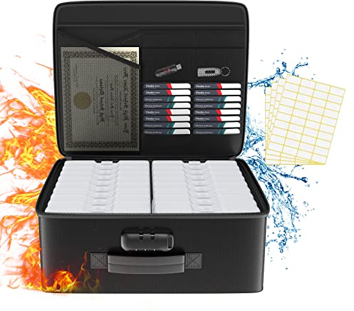 Tamfile Fireproof Photo Storage Box 4 x 6 with 18 Inner Clear Photo Case, Plastic Photo Organiser with Lock for Pictures, Cards, Crafts, Seed, Stamps and Office Supplies with 4 Sheet Label Stickers