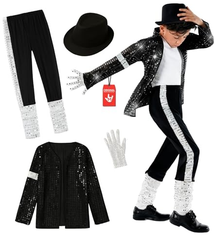 Morph Deguisement Star de la Pop Enfant, Costume Annees 80 Halloween | Veste Scintillante, Pantalon, Chapeau & Gants Pailletés, Look Disco, Parfait pour Halloween, Idéal pour les Jeux de Rôle