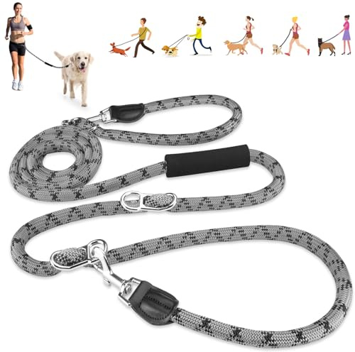 Eyein Hundeleine 3m für Kleine mittelgroße Hunde, 8in1 Schleppleine mit 3 Verstellbare Schnalle und Griffen, Reflektierende Doppelleine für 2 Hunde - Unter 100KG, Verdickte Freihandleinen, Hellgrau