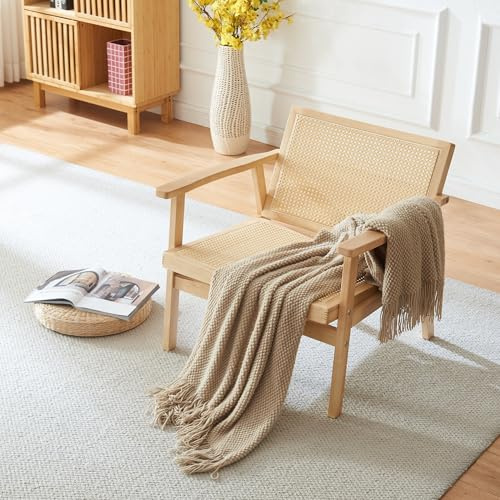 Panana Rattan Accent Chair Mid-Century Modern Chair Lounge Chair with Solid Wood Frame (Armchair Natural)