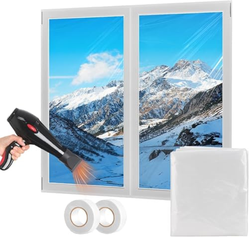Pobuu Kit d'isolation de fenêtre de 1,6 m x 10 m, film plastique transparent, film thermorétractable résistant aux déchirures avec ruban adhésif double face pour l'hiver et garder le froid à