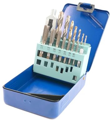 Lot de 16 tarauds M3-M12 en acier HSS avec taraud | Jeu de tarauds pour machine avec taraud et boîte de rangement