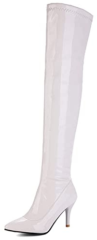 OALEEN Bottes Cuissardes Femme Hiver Vernis Sexy Haute Talon Aiguille Bout Pointu Chaussures Soirée Blanc 44