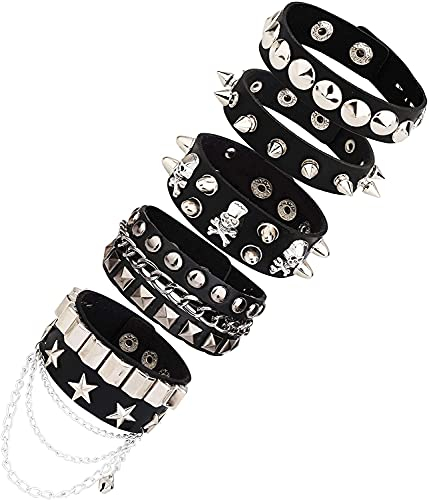 LOLIAS 3-5 Stück PU Schwarz Kette Punk Bracelet Leather Cuff Spike Nieten Punk Armreif Rock Armband Set für Männer Damen Stacheliges Armband Einstellbar Vintage Gothic Style Adult