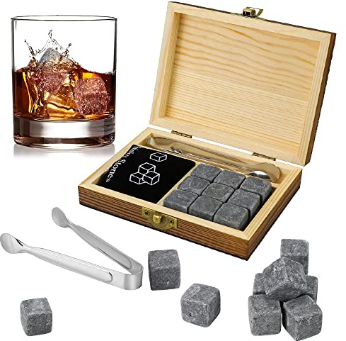Accessotech Set regalo di pietre del whisky 9 pezzi di lusso scatola di legno refrigerante rocce cubetti di ghiaccio servire fresco
