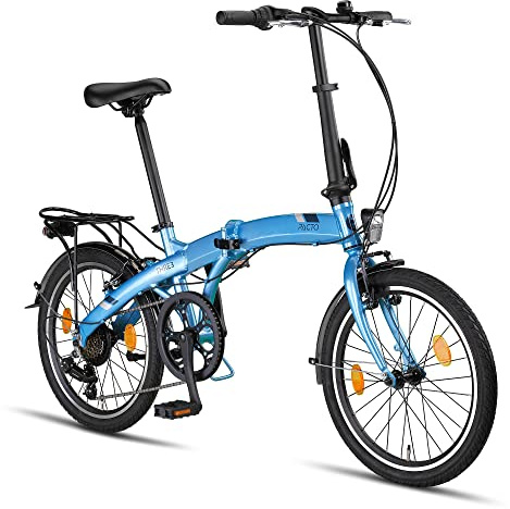 PACTO Three Vélo pliant 20 avec système de pliage rapide (10 secondes), cadre en aluminium, poids léger (14 kg), Shimano 6 vitesses, freins en V et lumière LED (bleu)
