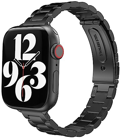 MoKo Bracelet Fin en Métal Compatible avec Apple Watch 41mm 40mm 38mm, Bracelet de Remplacement en Acier Inoxydable pour iWatch Series SE 2 SE 9 8 7 6 5 4 3 2 1 pour Femmes Hommes, Noir