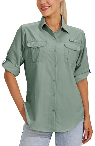 WILLIT Camisa para mujer, blusa de senderismo UPF 50+ UV, camiseta de manga larga, camiseta funcional Safari Angel SPF de secado rápido, camisas de senderismo y exteriores, verde salvia, L