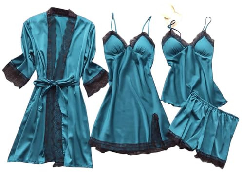 4-delat damnattkläder, sidenpyjamas-set med spetskant, cami-toppshorts, nattlinnes-set, sexiga satinpyjamas-vardagsklädsel (blå, M)