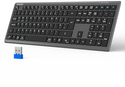 TECKNET Wireless Keyboard, Rechargeable 2.4GHz USB Bluetooth Keyboard for 4 Multi Devices, Ultra Slim Full Size UK Layout Keyboards for Computer, Laptop, Tablet, Desktop, Phone (Grey Black)