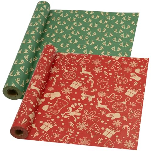 DOJoykey : Rouleau de papier cadeau de Noël, 2 rouleaux de 43 cm x 15 m, papier kraft recyclable festif pour emballage cadeau de fête de Noël