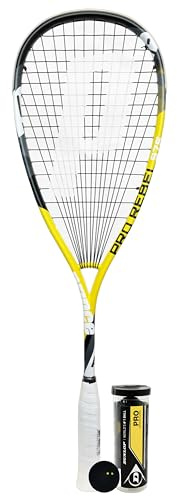 Prince Pro Rebel 975 O3 Squash Racket including Full Protective Cover & 3 Squash Balls (Pro Rebel 975 O3 + Pro Balls (Double Yellow Dot))